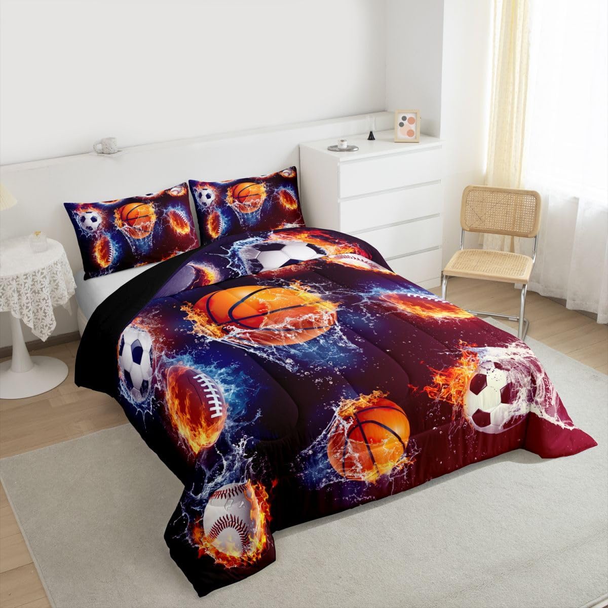 Feelyou Basketball Bedding Set Football Baseball Rugby Comforter Set for Kids Boys Girls Sports Comforter Various Ball White and Flame Decor Quilt Set with 1 Pillowcase 2Pcs Bedding Twin