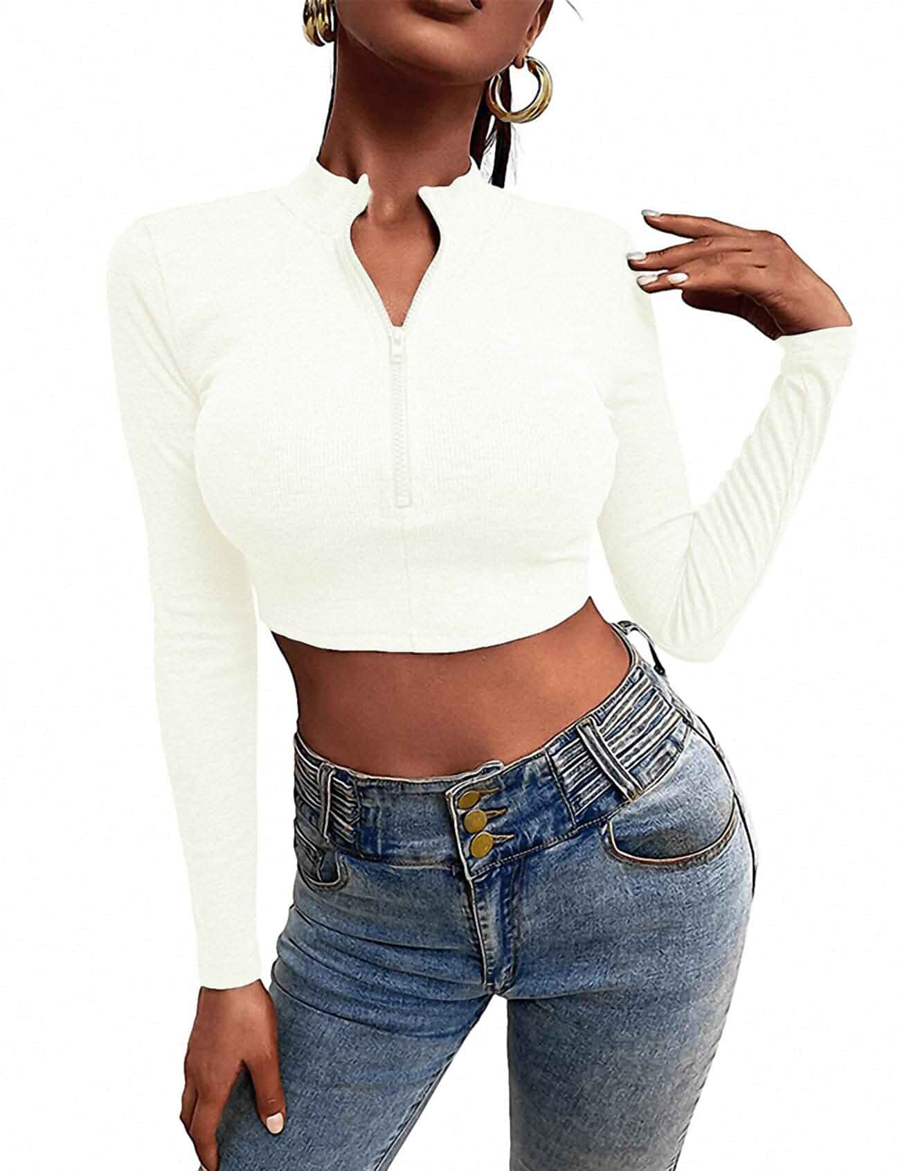 Flygo Women's Deep V Neck Casual Long Sleeve Ribbed Zip Up Slim Knitted Crop Tops