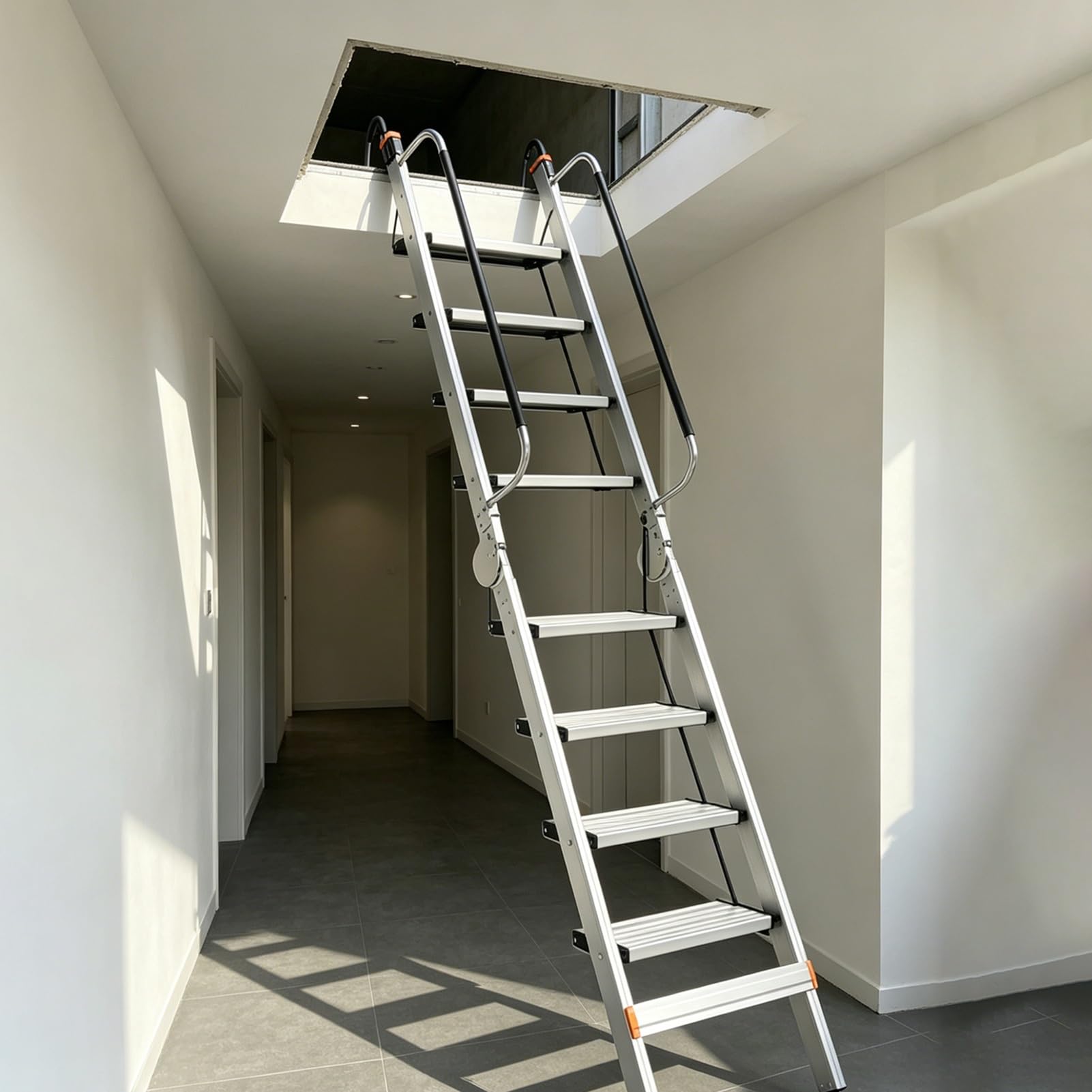 Floor to Ceiling Loft Ladders with Handrails and Wide Steps, Foldable Attic Ladders for Small Spaces, Sturdy Aluminium Flat Roof Access Ladder(12 Steps 3.0-3.2m (118.1-126"))
