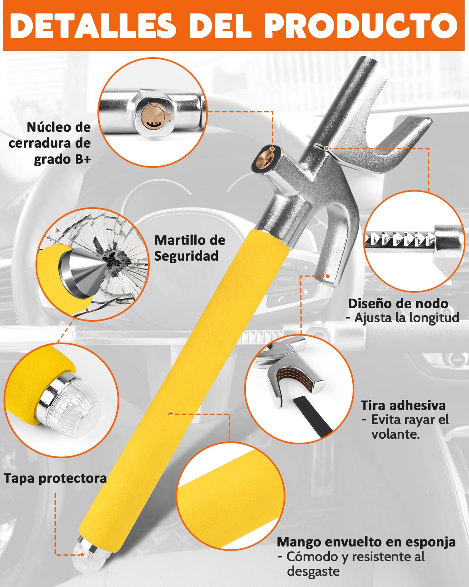 Tevlaphee Blocca Sterzo per Auto Antifurto di Bloccaggio Dispositivi Serratura dello Volante Universale Antifurto immobilizzatore con 3 Chiavi Bloccasterzo(Giallo)