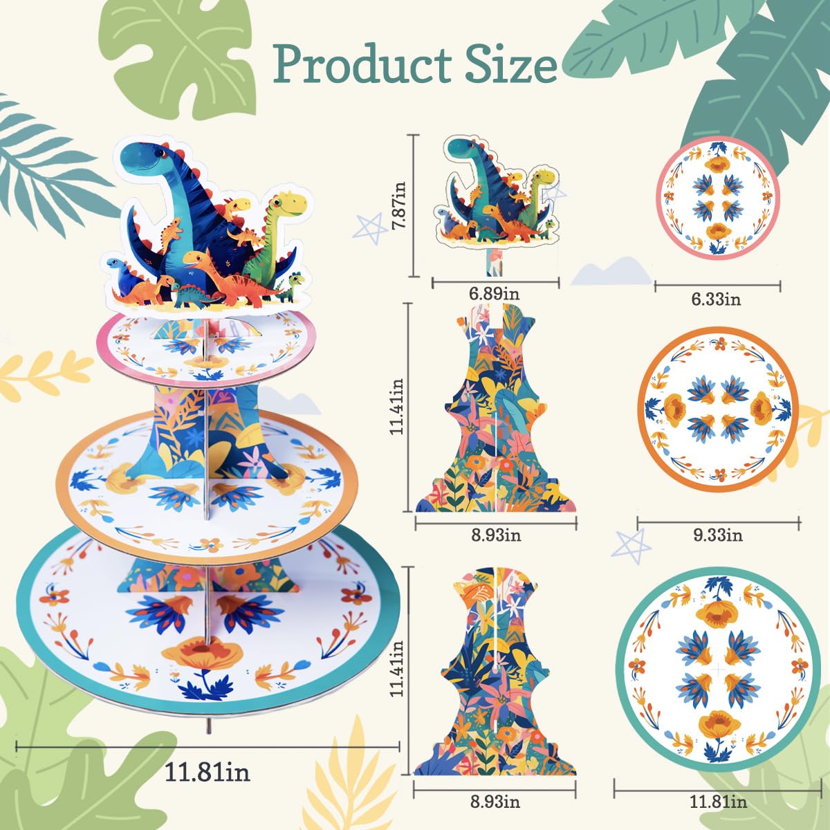 NUMINA 3 Tier Dinosaur Cupcake Stand for Birthday Decorations, Cupcake Stand Tower for Baby Shower Decorations, Cardboard Cupcake Display Stand, Cupcake Holder Stand for Party Decorations Supplies