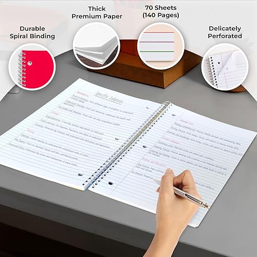 Miniatura 2 de Rosmonde Cuaderno de espiral de 1 materia, paquete de 12, con rayas universitarias, cubierta resistente al agua, 140 páginaslibro grueso (70 hojas),