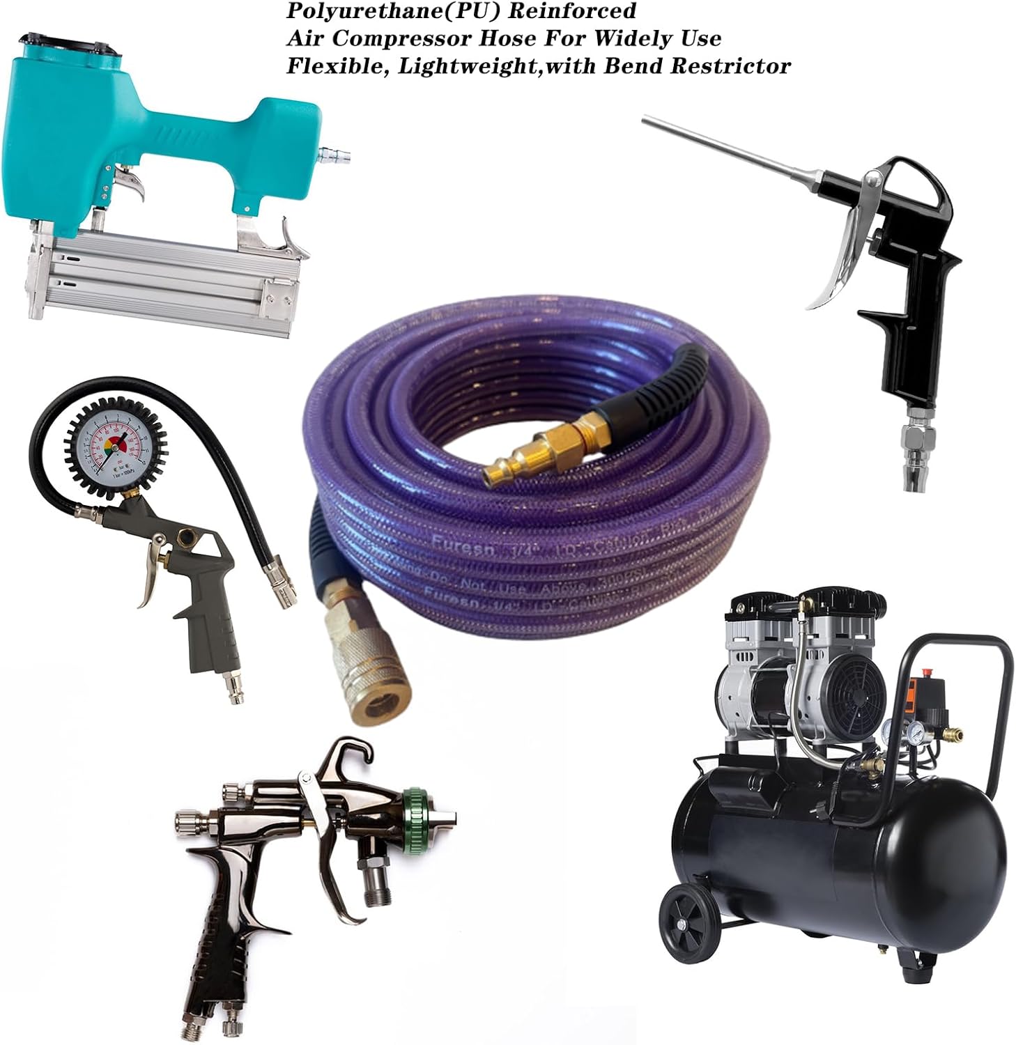 Air Hose 1/4 in x 100 ft, Polyurethane(PU), Reinforced Air Compressor Hose, Lightweight, Kink Resistant with 1/4” Industrial High Flow Quick Coupler and Plug, Bend Restrictors,300 PSI (100FT, Purple)