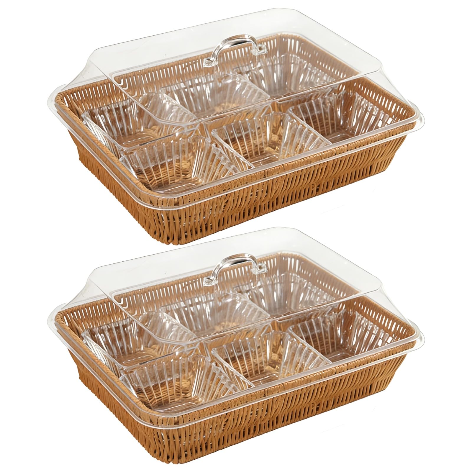 Cesta rectangular para servir tejida a mano con cubierta transparente