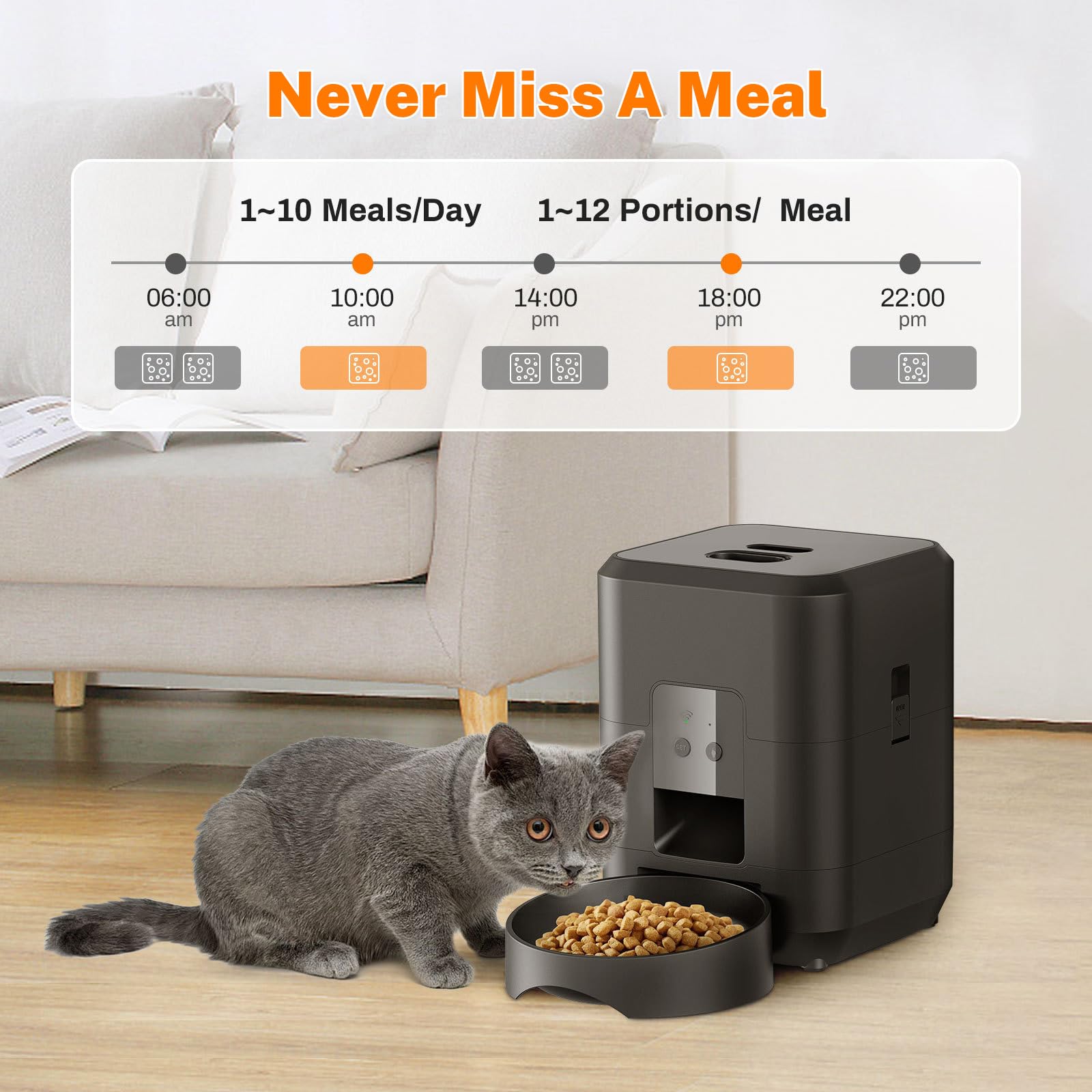 2 L Colpisci/WiFi Distributore crocchette Gatto Automatico, Mangiatoie Timer per Gatti/Cani con Funzione Memoria, Display LED, Adatto per Gatti E Cani Piccoli (Bianco - Touch)