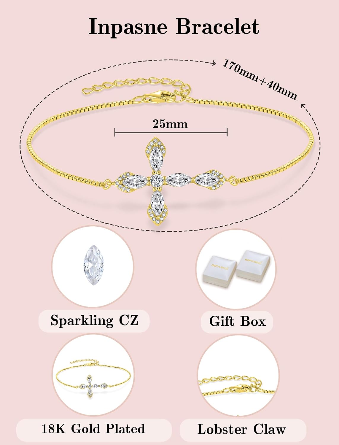 Cross Bracelet for Women 925 Sterling Silver Halo Gemstone Religious Christian Bracelet Birthstone Jewelry for Her