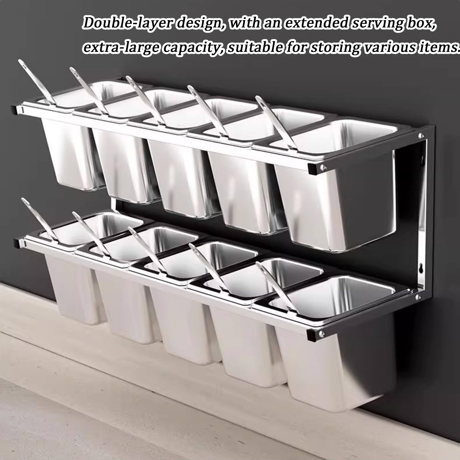Stazione per pizza in acciaio inox con cucchiai e coperchi, a parete, multi-scomparto, portaspezie, organizer per cucina e ristorante, porta condimenti