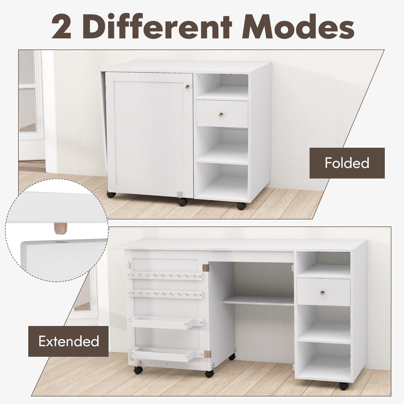 GIANTEX Armario de Costura Plegable con 6 Ruedas, Mesa de Coser con Estantes, Cajón y Soportes para Carretes de Hilo, Mesa Multiusos 2 en 1 para Dormitorio, Salón y Estudio, Blanco
