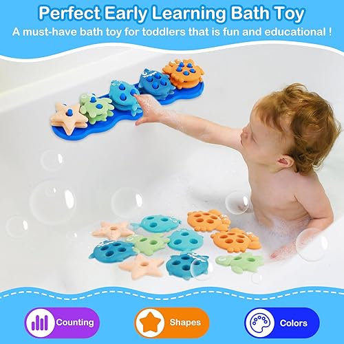 Miniatura 6 de Juguetes de baño para bebés, juguetes de baño de silicona para clasificar y apilar formas sin moho para niños de 1 a 3 años con 10 bonitas piezas