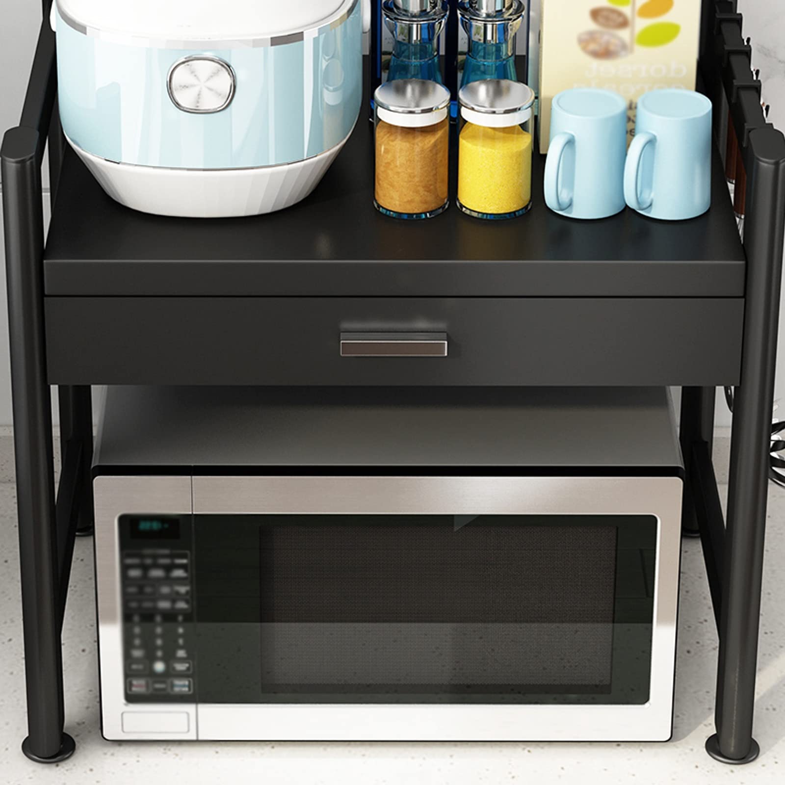 金属と木製電子レンジラック 引き出し付き 多層オープングリッド収納 金属と木製の電子レンジラック引き抜き式引き出し付き
