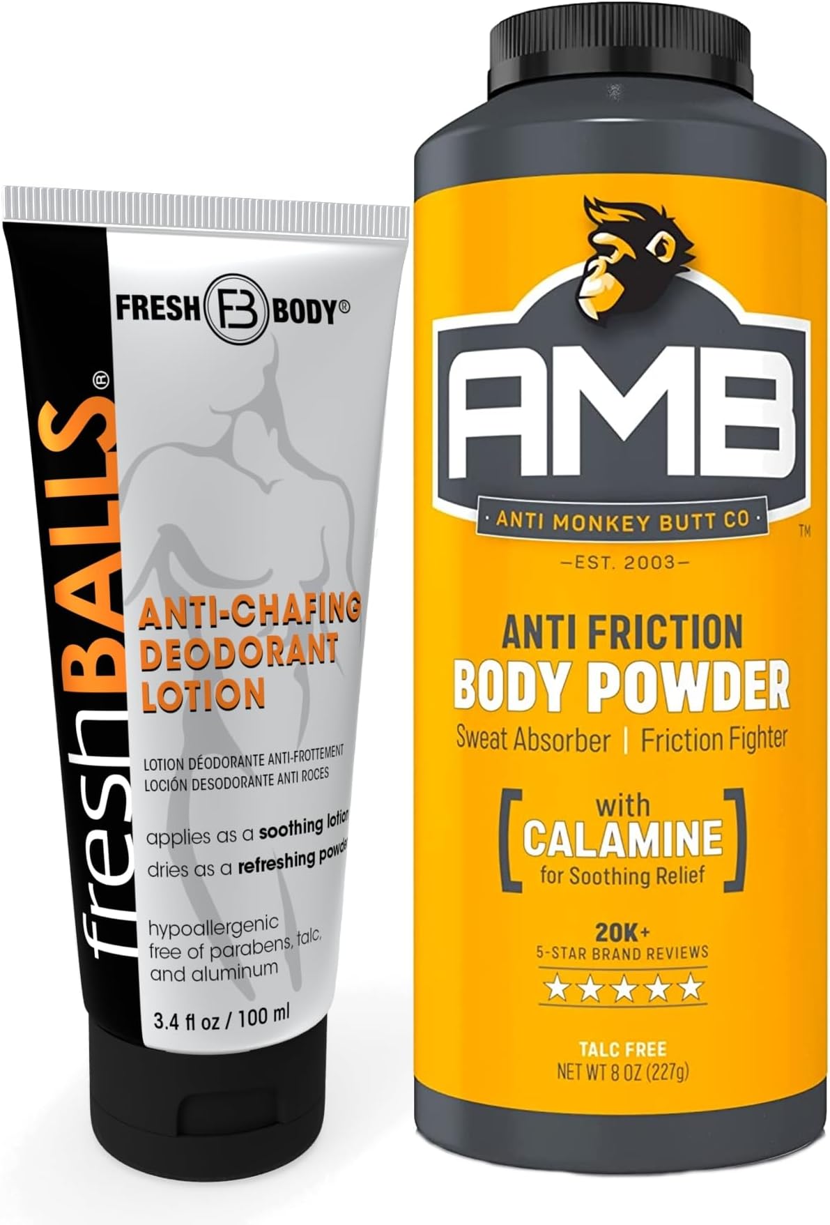 Anti-Monkey Butt Powder AMB, 8oz Anti-chafing Powder and Balls Lotion, 3.4oz, Men's Lotion to Powder Ball Deodorant - No Sweat Bundle, Hygiene for Groin Area