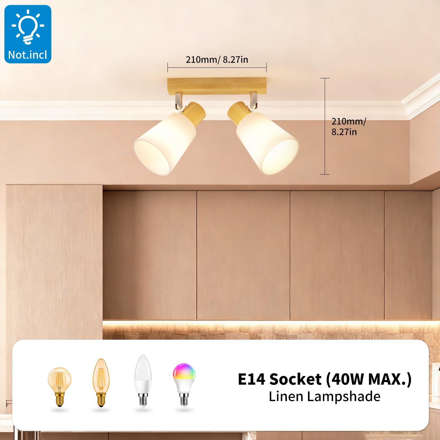 LVWIT Faretti da Soffitto E14, Faretto da Interno Bianco con 2 Faretto, Faretti Orientabili Legno, Faretto da Parete Interno Vintage per Barra, Salotto,Cameretta, Cucina, Bagno (Lampadine Escluse)