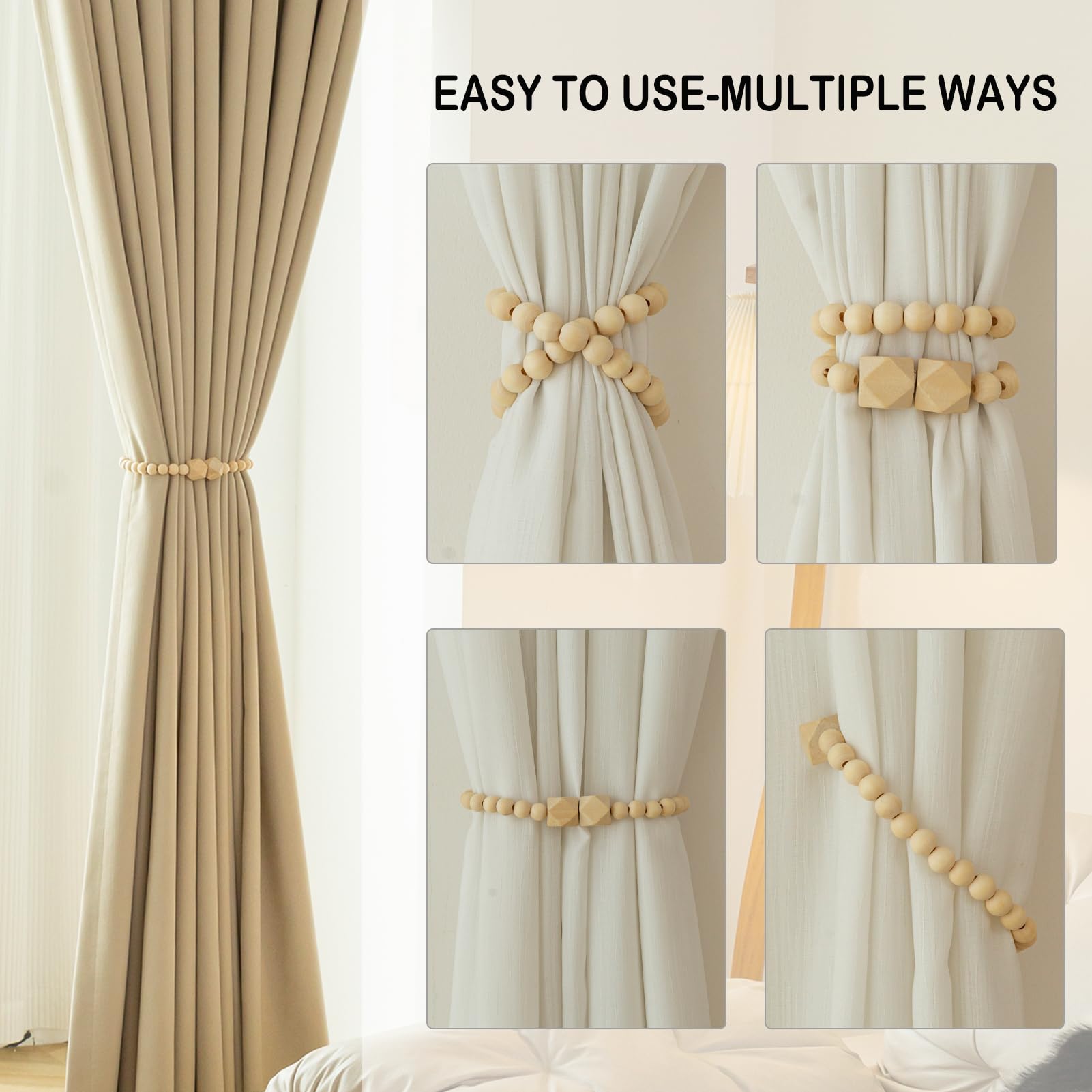 Lot de 6 embrasses magnétiques de style rustique pour rideaux de fenêtre de style bohème avec perles de bois pour décoration de chambre à coucher, bois naturel