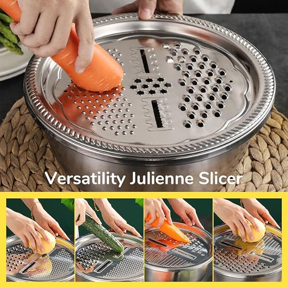 Germany Multifunctional Stainless Steel Basin, 2026 Upgraded 3 in 1 Stainless Steel Basin Strainer Set with Grater, Strainer Drain Basket for Rinsing Draining Mixing (M (11.02in))