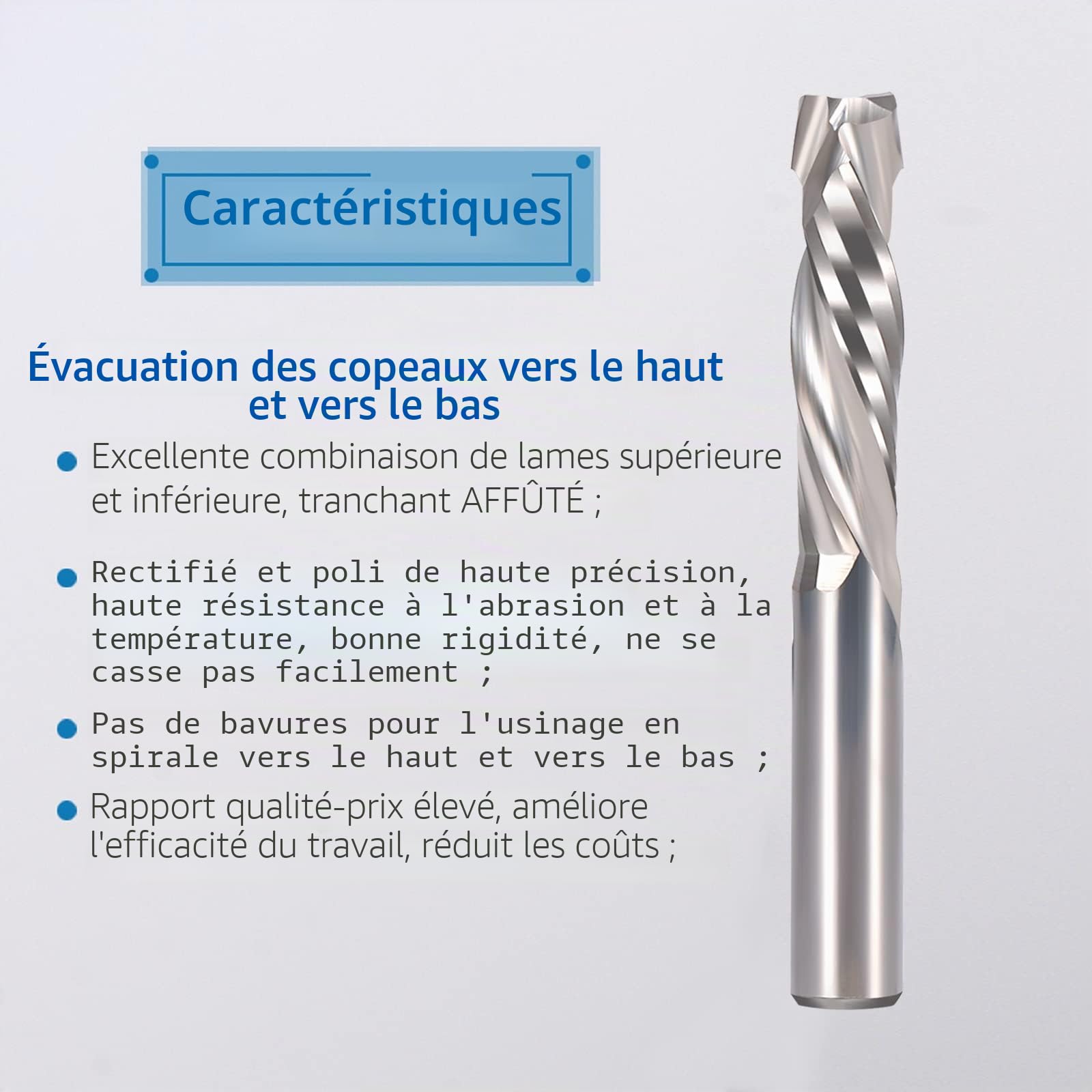 EU_HOZLY Lot de 5 fraises hélicoïdales Up&Down Compression Bit 4 mm, diamètre de coupe 4 mm, longueur de coupe 22 mm, fraise à tige CNC pour sculpture sur bois, gravure