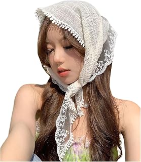 Women's Lace Trim Hair Bandana Tie Back Triangle Boho Head Scarf Kerchief Headband White One-Size