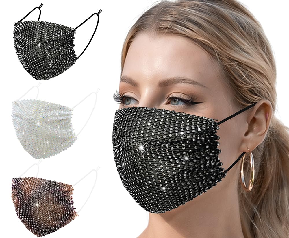 Auriviz 3 Pcs Multi Color Female Face Covering Sparkling Rhinestone Face Mask Music Festival Christmas Halloween Cute Clothing Accessories Halloween Christmas Birthday Gifts Decorations for Women