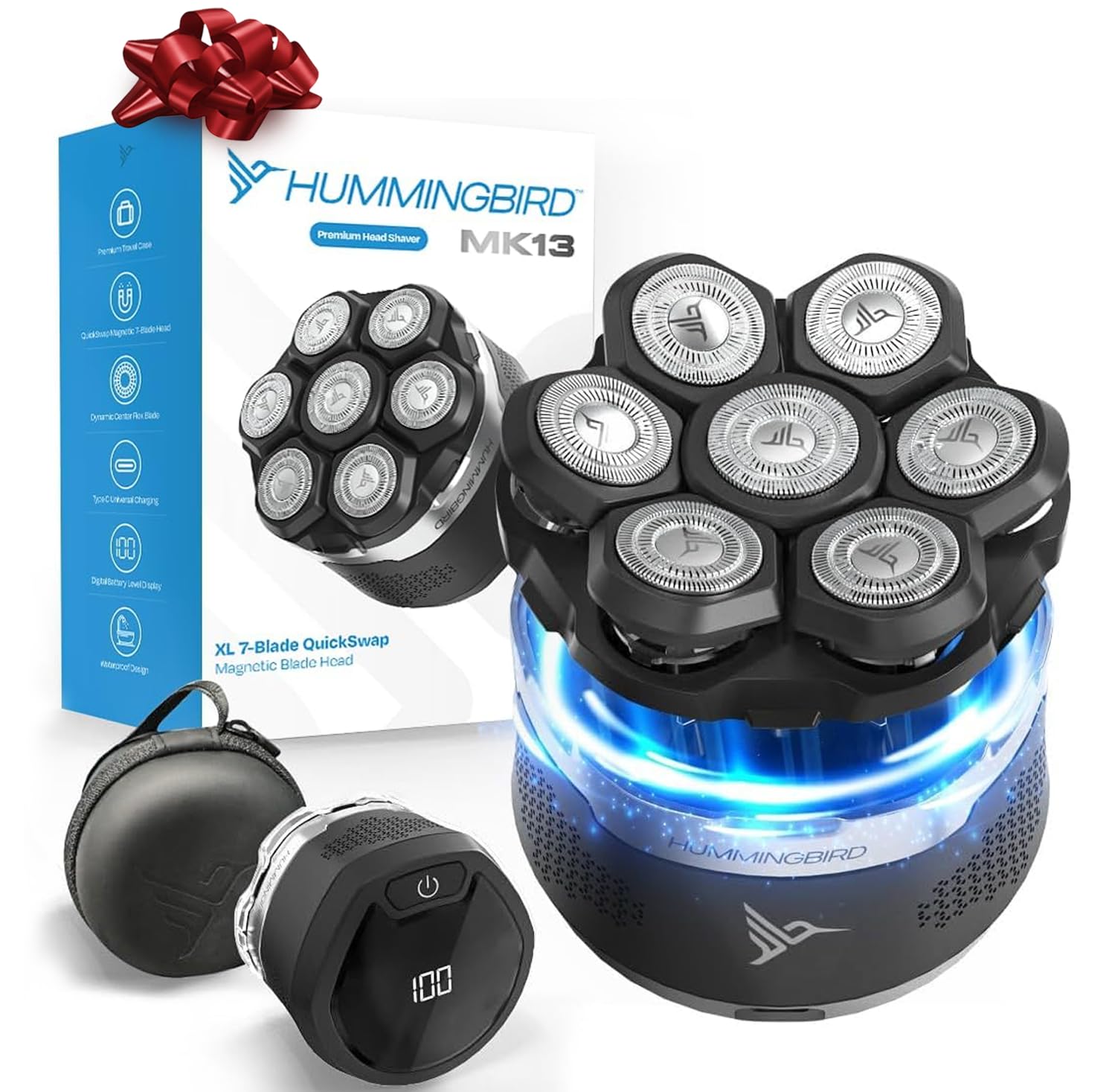 HUMMINGBIRD MK13 Premium Head Shaver, 7 Blade Electric Razors for Men, Cordless USB-C Rechargeable Wet & Dry Electric Head Shavers for Bald Men, Waterproof Skull Shaver, LED Display, Travel Case