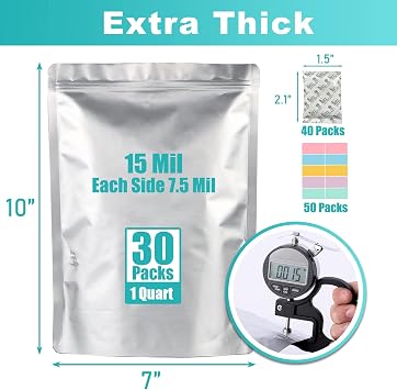 30pcs 1 Quart Mylar Bags for Food Storage (15 Mil Extra Thick 7.5 Mil Each Side) with Oxygen Absorbers 300CC (40pcs), 7x10 Heat Sealable Zipper Mylar Bags for Long Term Food Storage