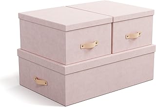 BIGSO INGE Set of 3 Storage Boxes for Bedroom, Children, Work or Bathroom - Organiser Box with Lid - Storage Boxes Made of 100% Recycled Fibreboard and Linen Look Paper - Pink
