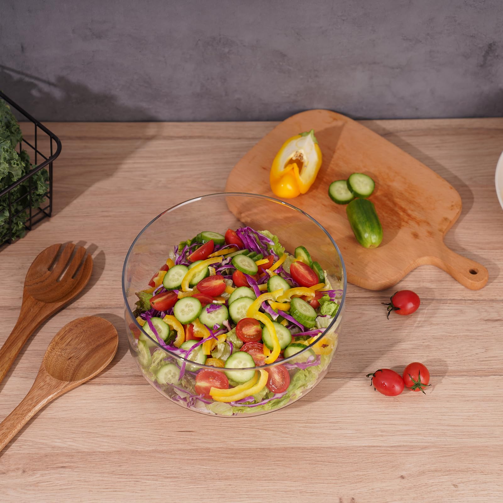 NiHome Grand bol en verre 3,6 l avec support acacia, plat polyvalent pour gâteaux, salades, desserts, présentation élégante pour fêtes, mariages, occasions spéciales