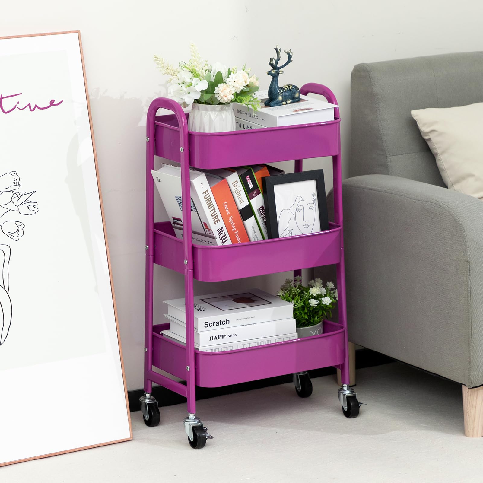 Carrito rodante de metal de 3 niveles con ruedas, estantes versátiles para manualidades de cocina y utilidad, solución de almacenamiento morado oscuro para baño, oficina y hogar