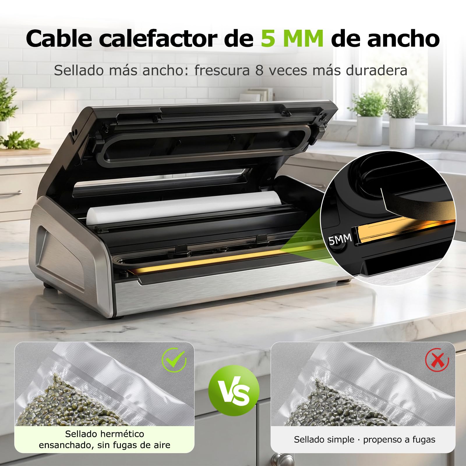 Bonsenkitchen Envasadora al Vacío, Sellado Ancho 5mm Antifugas, Acero Inoxidable, Una Mano & Pulse Seco/Húmedo, Envasadora al Vacío de Alto Rendimiento incl. 1 Rollo & 10 Bolsas, VS4200