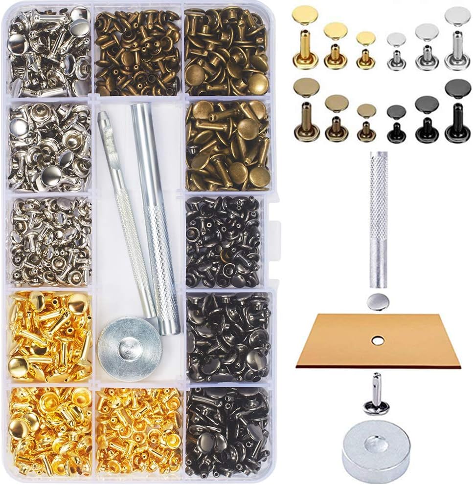 360 Sets Leather Rivets, Double Cap Rivets for Fabric, with Setting Tool Kit for Crafts Repairs/Clothing/Belts Strap