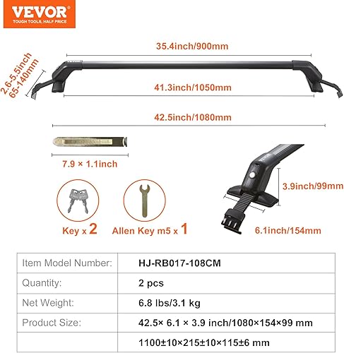 Miniatura 7 de VEVOR Barras transversales universales para portaequipajes, barras transversales de aluminio de 41.3 pulgadas, para techo sin riel lateral,