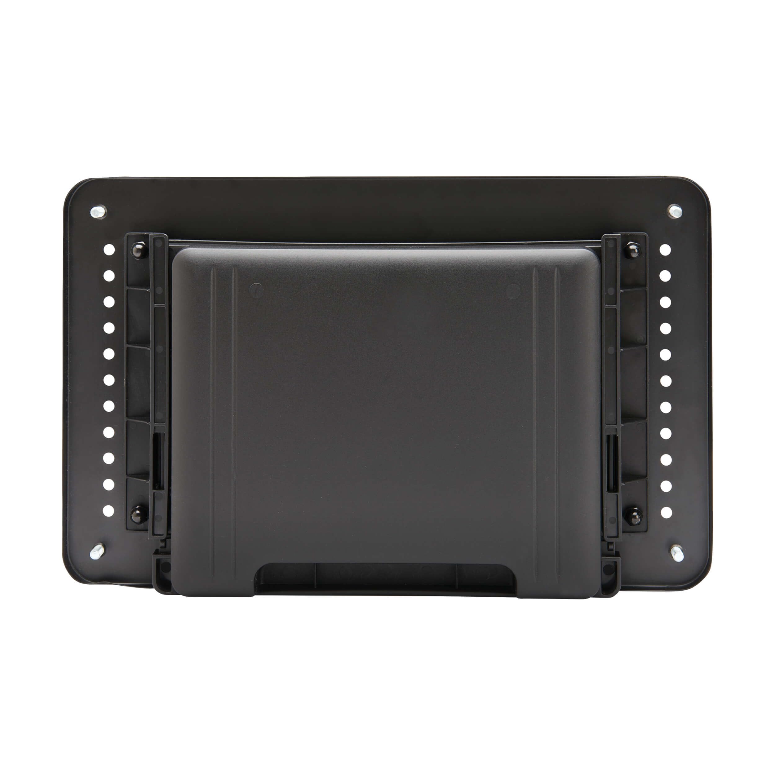 Tripp Lite Supporto per monitor singolo per scrivania con cassetto portaoggetti, regolabile in altezza, struttura in metallo con prese d'aria e piedini in gomma, nero, piattaforma 38,1 x 22,9 cm,