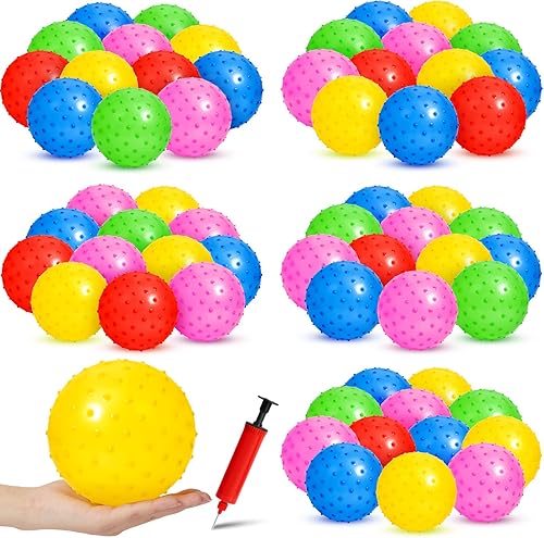 Junkin Paquete de 100 bolas Knobby a granel con 1 bomba de aire de 5.5 pulgadas, juguete sensorial de plástico hinchable, globo pequeño, juguete