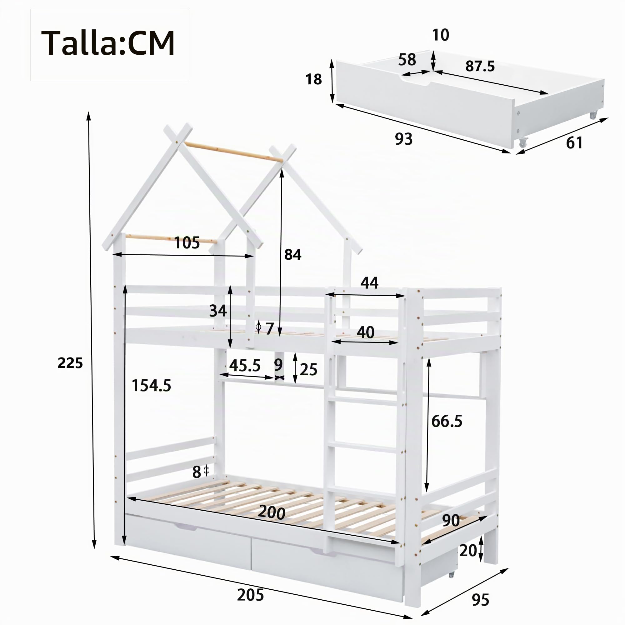 Moimhear Litera con cajones y estantes, cama infantil con protección contra caídas y rejilla, estructura de madera de pino, blanco (90 x 200 cm)