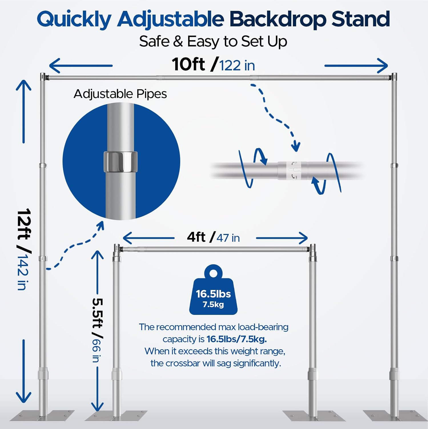 Pipe and Drape Backdrop Stand, 12x10ft Heavy Duty Adjustable Background Frame with Metal Base, Back Drop Holder for Parties Photography Wedding Photoshoot Decoration