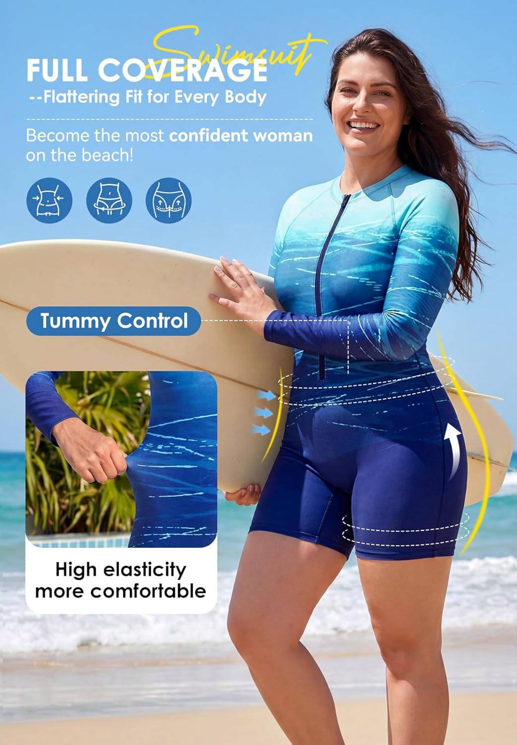 Zando UPF 50+ Long Sleeve Rash Guard Swimsuit for Women Front Zipper Boyleg One Piece Full Coverage Swimming Suit for Surfing