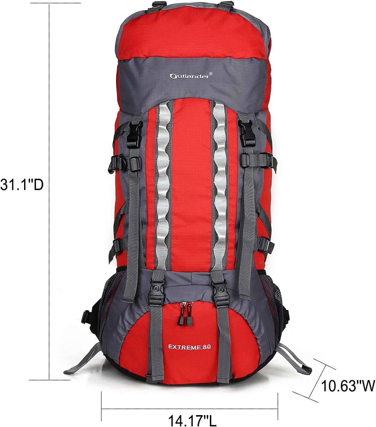 UNISTRENGH 80L Internal Frame Backpacks Outdoor Nylon Hiking Backpack Water-resistant Trekking Bag with Rain Cover for Camping Mountaineering Traveling (Red)