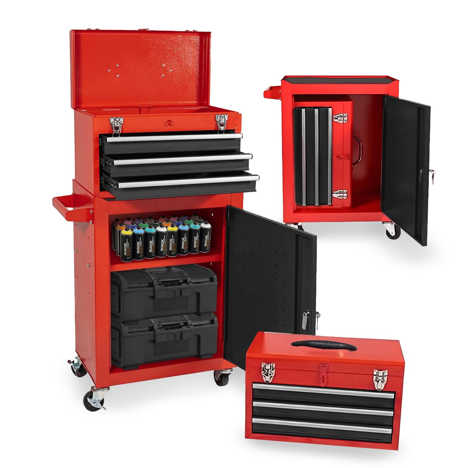 DAIMANN - Carrello Porta Attrezzi Professionale con 3 Cassetti Scorrevoli e Armadietto con Serratura per Garage e Officina, Struttura in Metallo Verniciato Facile da Spostare (Rosso)