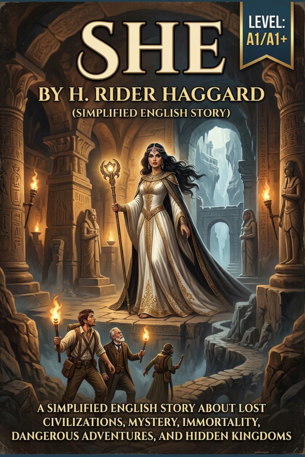She by H. Rider Haggard (Level A1/A1+): Simplified English Story About Lost Civilizations, Mystery, Immortality, Dangerous Adventures, and Hidden Kingdoms