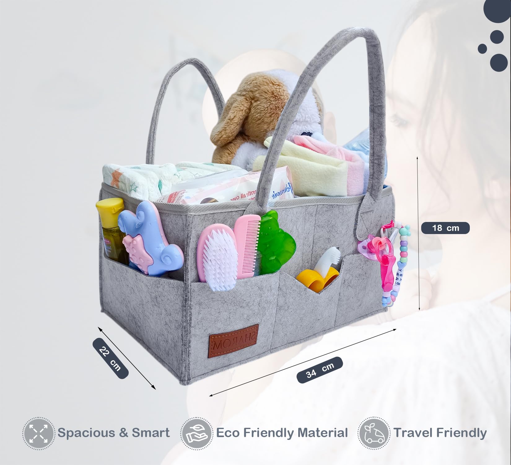 SHAROM Nappy Caddy Organiser. Sturdy & Portable Baby Diaper Cady with 3 Big Adjustable Compartments & 8 Big Pockets For Storage. Washable Diaper Caddy for Newborn Essentials,34*22*18 cm (Dark Grey) - Image 2
