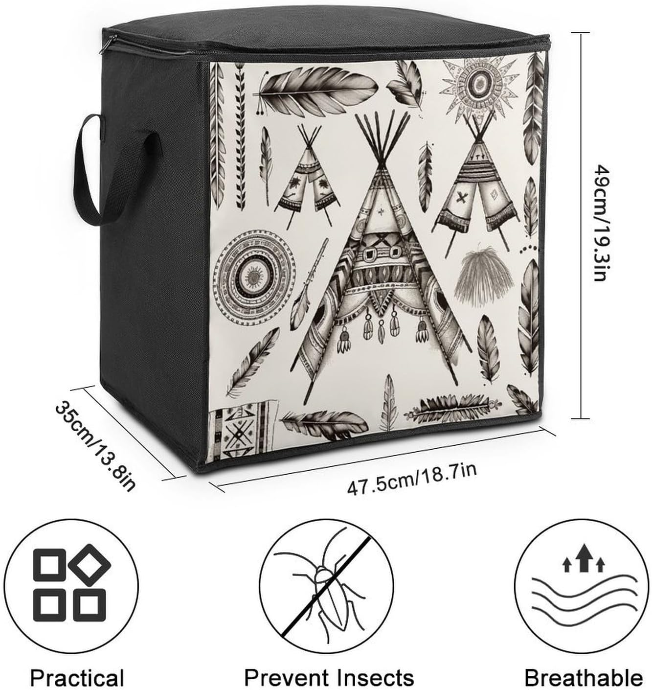 Feather Head Band Teepee Tent Storage Bag with Zippers And Handle Extra Large Bedding Comforter Storage Bag Foldable Blanket Storage Bags Fabric Moving Bags for Closet Organizer (70L)