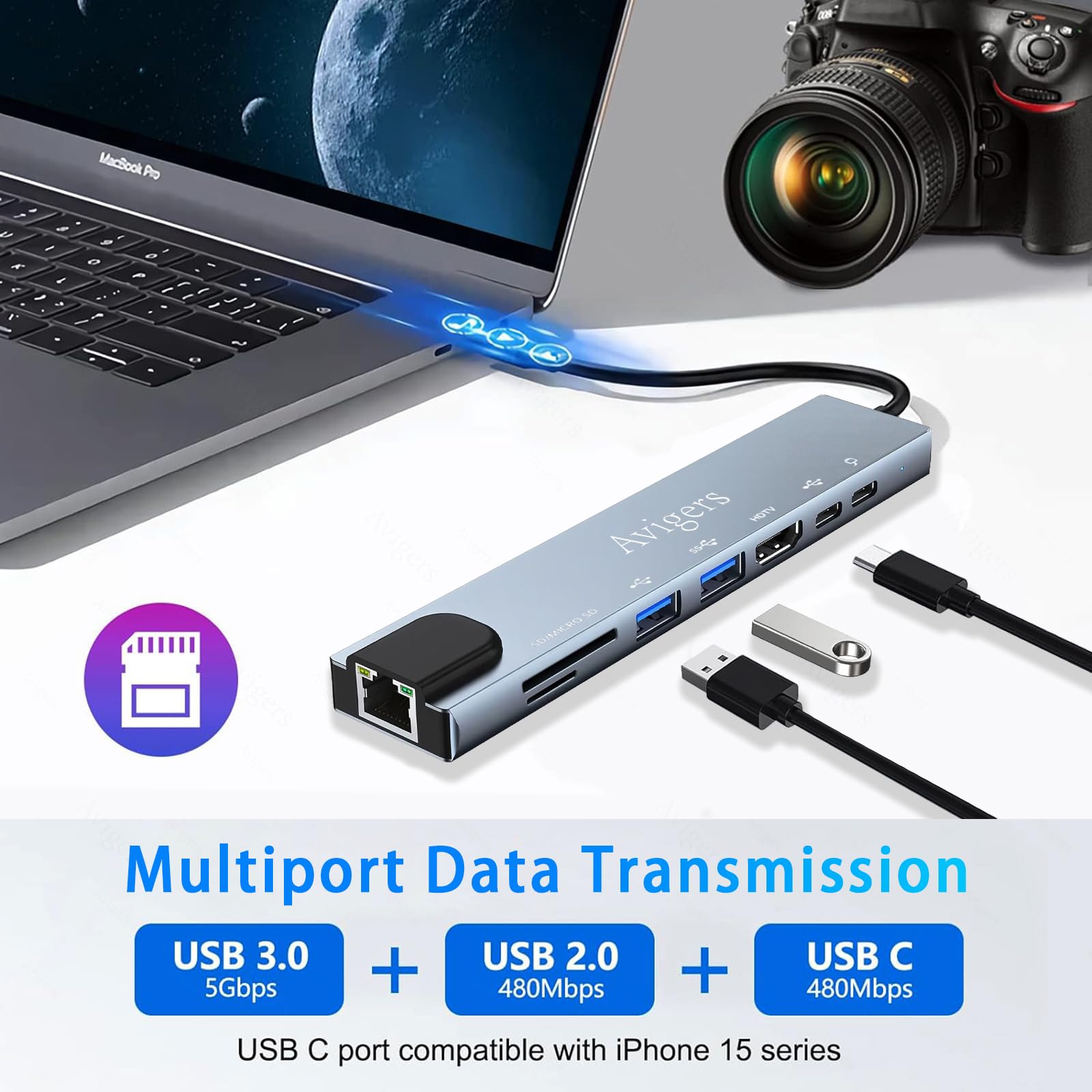 Hub USB C, Adattatore Usb C 8 in 1 con HDMI 4K, Ethernet RJ45, Lettore Schede SD/TF, PD 100W, USB 3.0, Usb 2.0, Compatibile per Computer/MacBook Pro Air/iPad/Surface/Samsung/Steam Deck