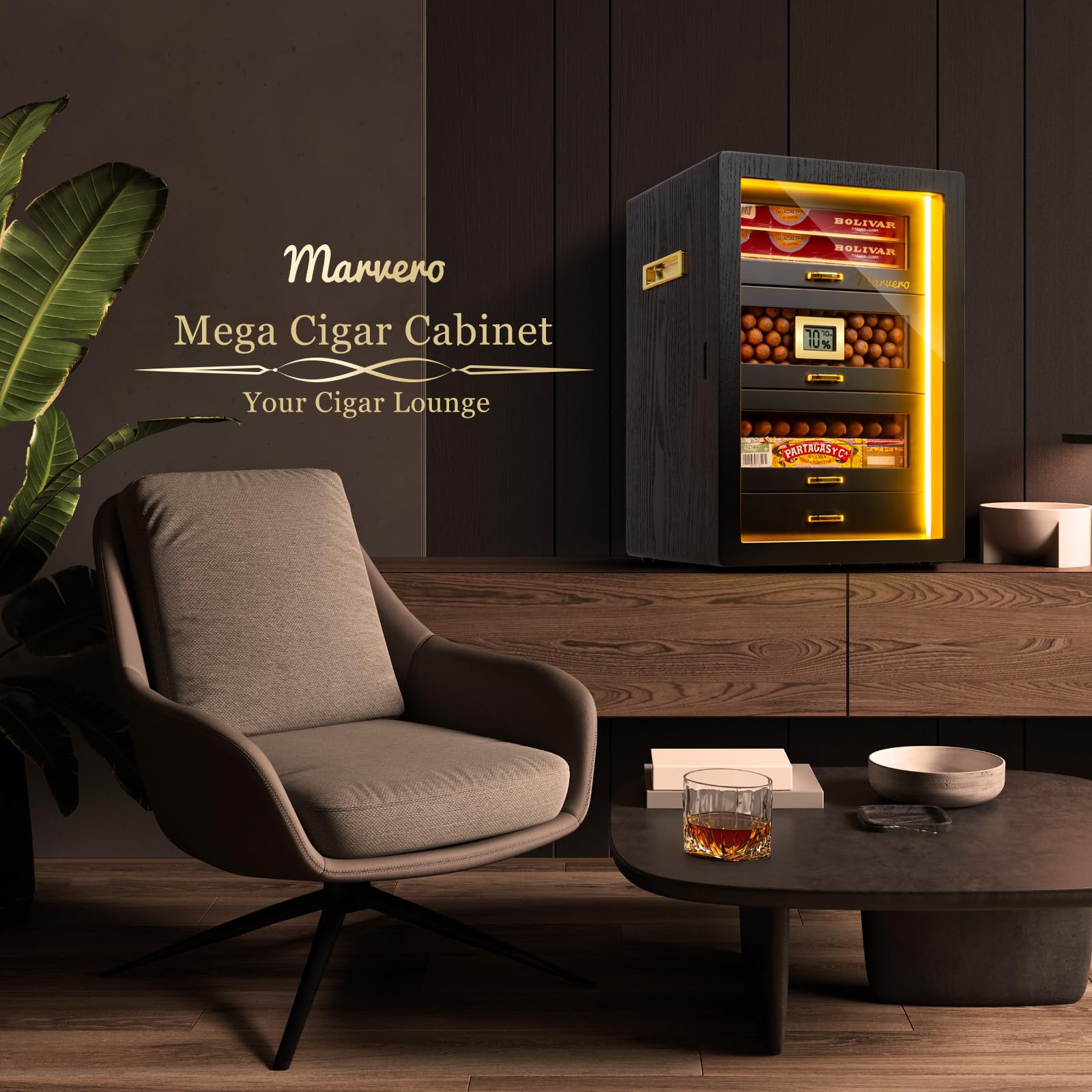 Humidor do cygar biurkowych z 5 szufladami z drewna cedrowego, cyfrowy higrometr, nawilżacz powietrza i pakiety nawilżające, na 200 cygar, czarny