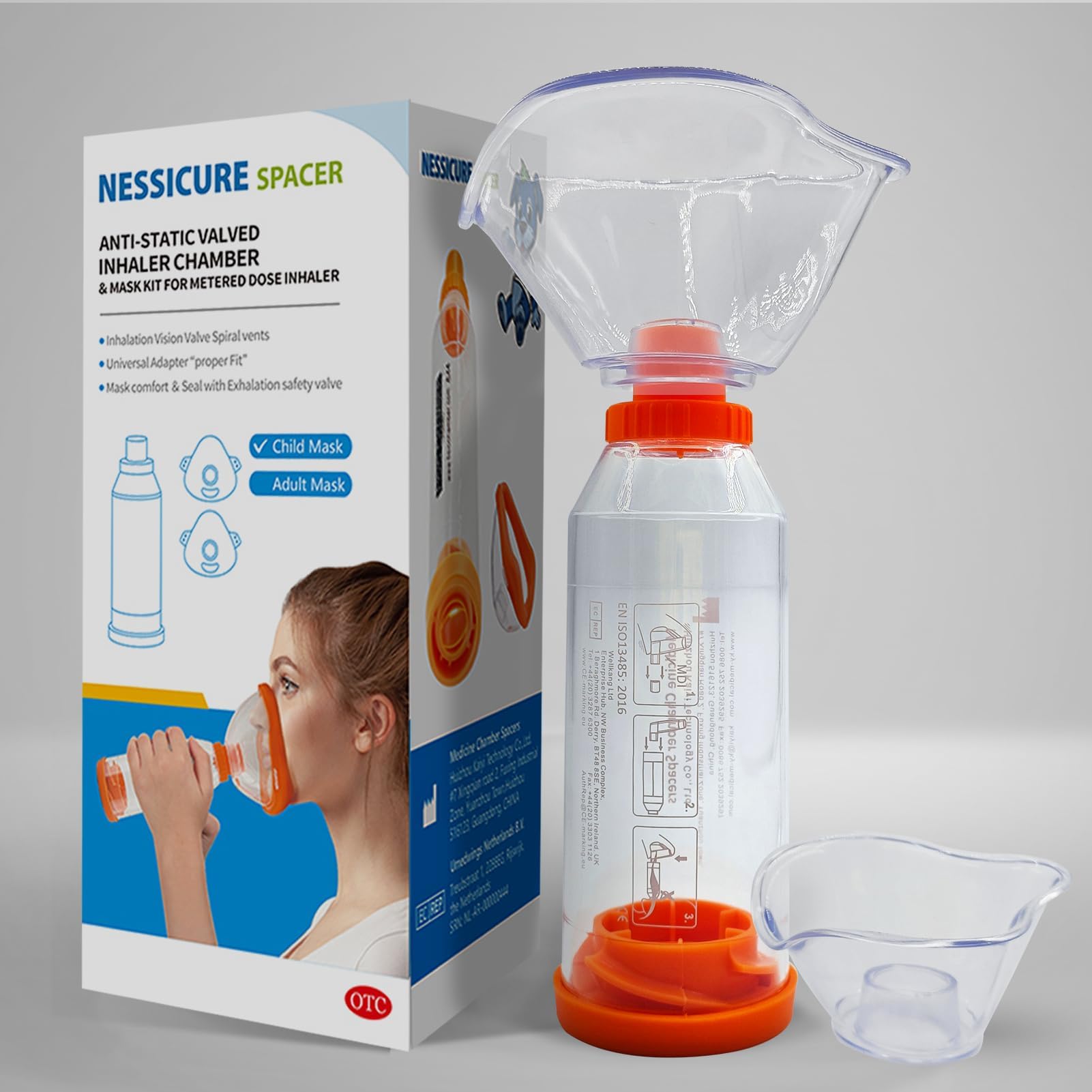 Inhaler Spacer for Adult and Child or Baby with Mask, Aerosol Chamber Helps Medication Delivery for Asthma and COPD (Transparent, Adult Mask)