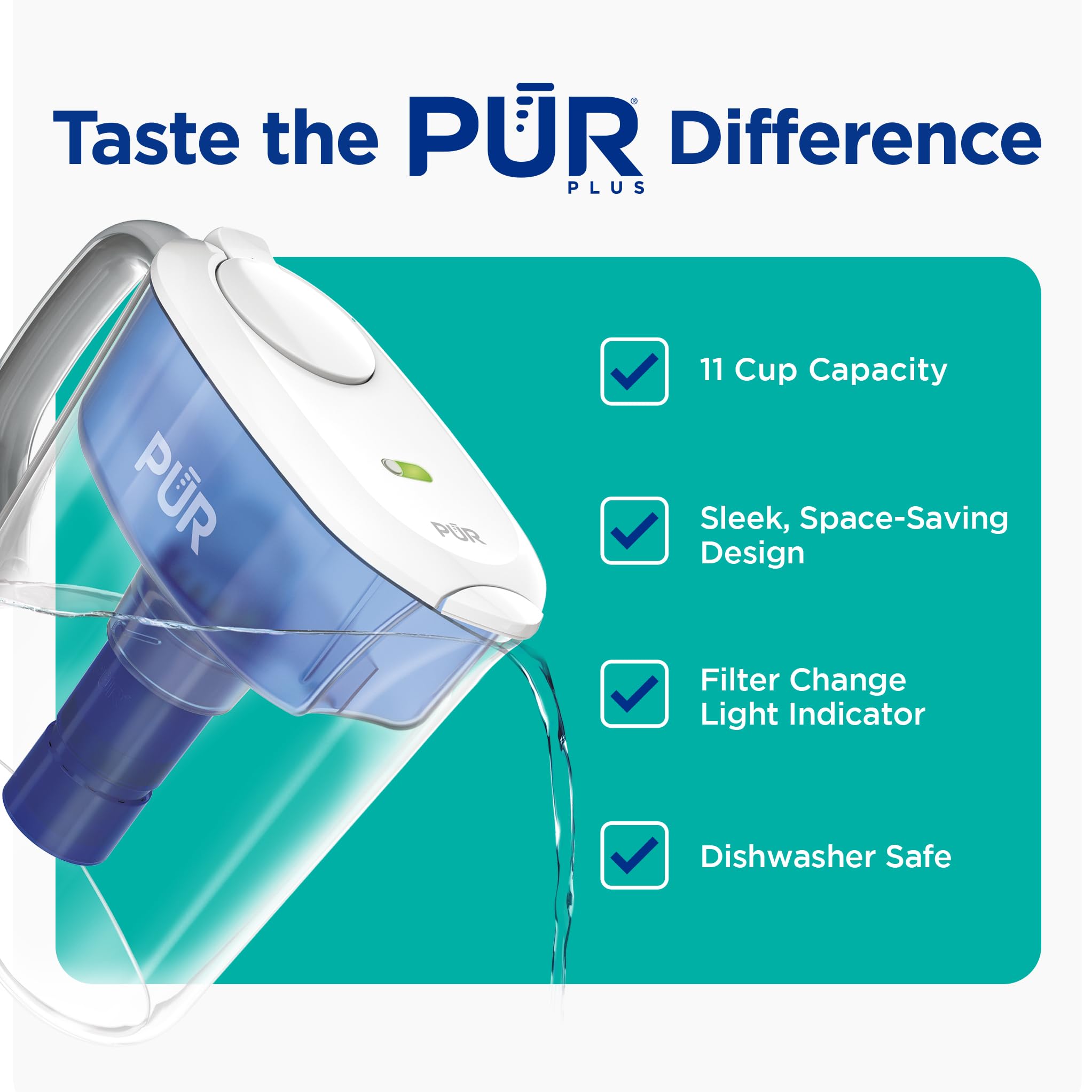 PUR PLUS PPT111W - Jarra de filtro de agua de 11 tazas con 1 filtro reductor de plomo, apta para lavavajillas, potente filtración, luz indicadora de cambio de filtro, blanco, PPT111W