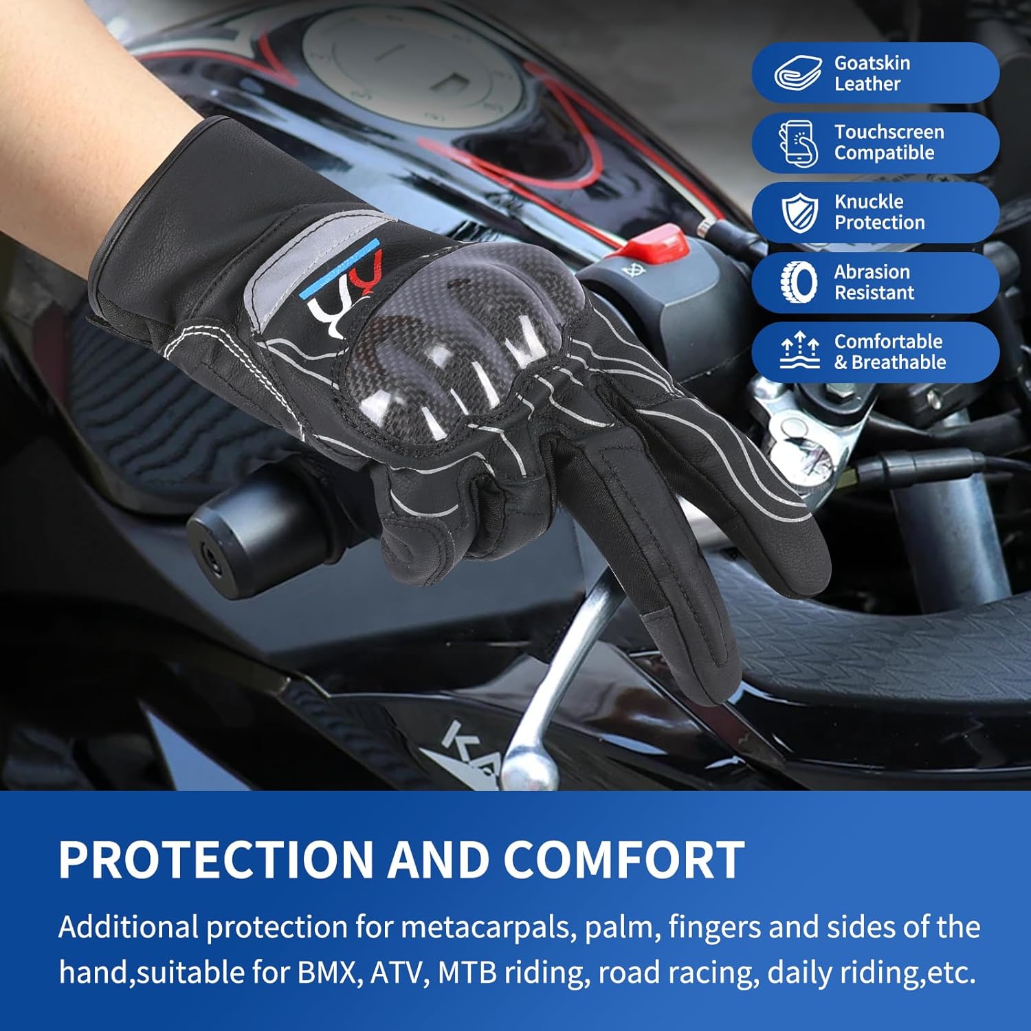 Motorcycle Leather Gloves for Men and Women with Carbon Knuckles Riding Dirt Bike Glove - Image 2