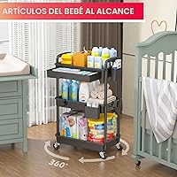 Vista 6 de Goovilla Organizador de carrito utilitario de 3 niveles con cajón extraíble, carritos de almacenamiento rodantes negros estables y resistentes con 2