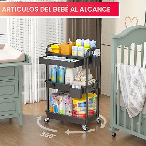Miniatura 6 de Goovilla Organizador de carrito utilitario de 3 niveles con cajón extraíble, carritos de almacenamiento rodantes negros estables y resistentes con 2