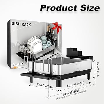 Ewaiira Dish Drying Rack, 304 Stainless Steel Dish Racks for Kitchen Counter, Dish Drainers with Automatic Drainage, Utensil Holder & Cups Holder, Space Saving Kitchen Organizer, Black 16.5''x12.6''