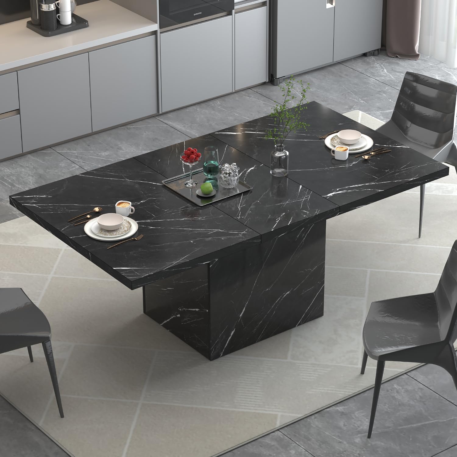 HSH Black Faux Marble Dining Table, Modern Dinner Table for 6 Person, Farmhouse Rectanglur Kitchen Table for Living Room, Long Wood Dining Room Tables with Strong Pedestal, Black Marble 160cm