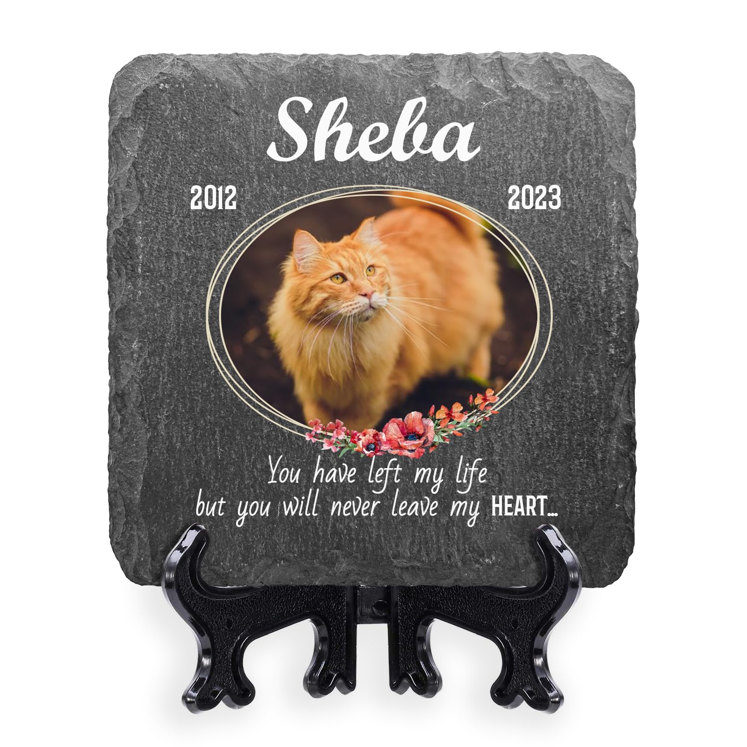 AIGAT Personalised Square Memorial Plaque 4" x 4" / 10 x 10 cm With Stand For Pet Cat Dog Slate Stone Paw Grave Marker - Floral Frame Photo