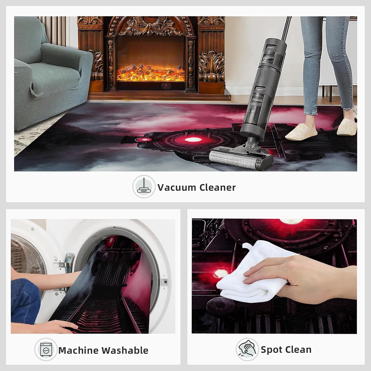 Train Rug 3x4 Area Rug, Retro Train Rugs for Bedroom, Steam Locomotive Rugs for Living Room, Non Slip & Low-Pile, Washable Indoor Carpet & Home Decor